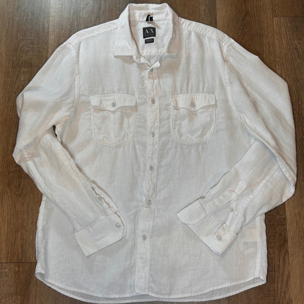 Armani Exchange Mens White 100% Linen Button Down Shirt Long Sleeve L/G